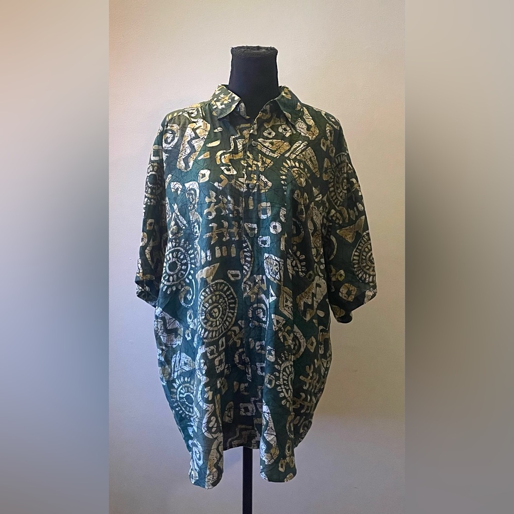 Thumbs Up- Vintage Silk Shirt Green Abstract Crazy Patterned 1980s Size XL